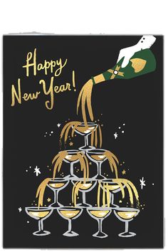 a happy new year card with champagne being poured from a bottle into wine goblets