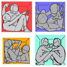 four different colored images of people sitting in front of each other, one with his arm around the other's neck