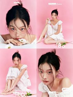 four different pictures of a woman in white dress sitting on the ground and holding flowers