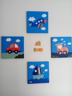 four children's artwork pieces on the wall with cars and trucks painted on them