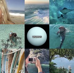 there is a collage of pictures with people in the water and one person holding a cell phone