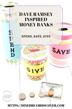 some money sitting on top of a table next to a sign that says save and give