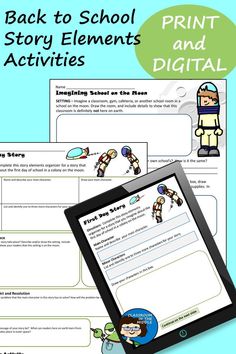 the back to school story elements and digital worksheet with text overlays