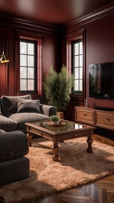 a living room filled with furniture and a flat screen tv mounted on a wall above a wooden coffee table