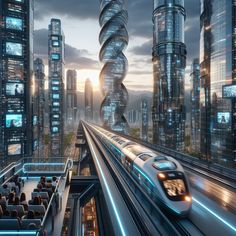 a train traveling through a futuristic city with tall buildings and skyscrapers in the background