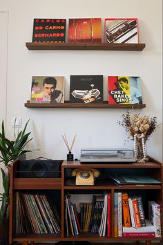 two wooden shelves with books on them above a book shelf filled with cds and records