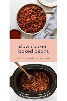 slow cooker baked beans in a crock pot with the words slow cooker baked beans