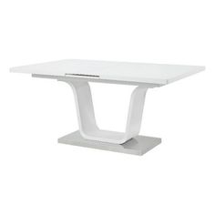 a white table with a square shaped base