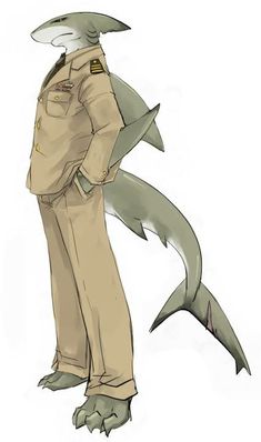 a drawing of a man in a uniform with a shark tail on his head and legs