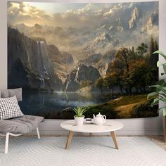 a living room with a large painting on the wall next to a chair and coffee table