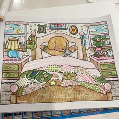 a drawing of a teddy bear laying in bed