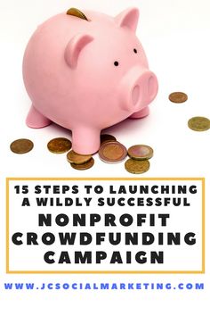 a pink piggy bank sitting on top of coins with the words 15 steps to launching a wildly successful non - profits crowdfunding campaign