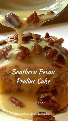 there is a piece of cake with pecans on it and sauce drizzled over the top