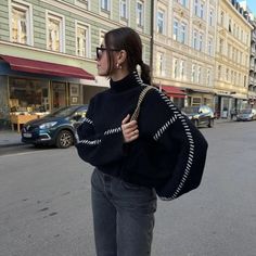 Be stylishly Scandinavian in this black Nordic-aesthetic crewneck sweater. Chunky ribbed knit with patchwork design brings a fun, fashionable twist to this mock-neck pullover. Upgrade your wardrobe and stay warm in this cozy-cool sweater. Color: Black Size: S,m,l  Size: Unit:cm #scandinavian #style #outfit Pullover Mode, Oversized Turtleneck Sweater, Elegant Sweater, Oversized Turtleneck, Basic Sweaters, High Neck Long Sleeve, Oversized Pullover, Loose Outfit, Round Neck Sweaters