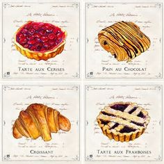 four different types of pastries are shown in this drawing, with the words tarte aux croissants written below them