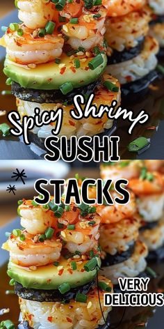 sushi stacks with shrimp and avocado on top are shown in two separate images