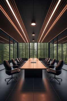 an empty conference room with black leather chairs and wooden tables in front of large windows