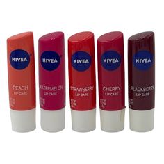 5 pc Nivea Lip Care Set Peach Watermelon Strawberry Cherry Blackberry Tinted ***This listing is for the EXACT version shown in photos*** Product Features Sold as New, 5 Piece Set Full Size, 0.17 ounces (4.8 g)  Peach: peach tint, peach Extract, fruity scent of summer peaches   Watermelon: pink tint, watermelon extract, fruity scent of refreshing watermelon Strawberry: pink tint, strawberry extract, fruity scent of fresh strawberries   Cherry: red tint, cherry extract, fruity scent of sweet cherries Blackberry: plum tint, blackberry extract, mild scent of fruity ripe blackberries   Discontinued Version/Formula Factory Sealed Why Purchase From Us? Products are 100% authentic, sourced direct from manufactures &/or certified distributors from major retail chains We ship within 24 hours (usuall Cherry Extract, Strawberry Extract, Peach Extract, Watermelon Strawberry, Peach Lips, Beautiful Skin Care, Cherry Lips, Strawberry Pink, Fresh Strawberries