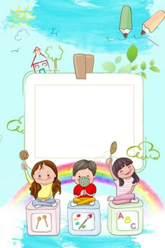 three children are sitting on blocks with an empty sign in the middle and a rainbow behind them