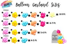 the balloon garland sizes are shown with different colors and shapes for each type of decoration