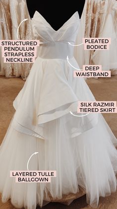 a white wedding dress with ruffles on the bottom and layers labeled in text