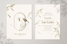 two wedding cards, one with a bird on it