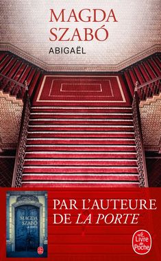 a red staircase leading up to a blue door with the words, par l'ateur de la porte