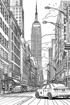 a black and white drawing of a car driving down the street in new york city