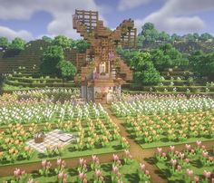 Minecraft Fairy Farm Ideas, Minecraft Spring House, Minecraft Flower Field Aesthetic, Pams Harvestcraft Minecraft, Minecraft Aesthetic Farm Ideas, Minecraft Flower Lake, Minecraft Cottagecore Windmill, Minecraft Flower Field Seed, Minecraft Farm Windmill