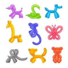 an assortment of balloons shaped like animals and letters that spell out the letter s, m, l, person