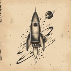 a drawing of a rocket ship flying through space