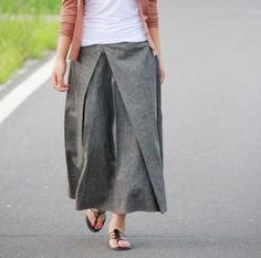 Pleated Linen Long Skirt/ Grey/ RAMIES Gray Skirt, Wearing Black, Modest Fashion, Cotton Linen