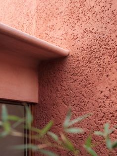 a cat is sitting on the ledge of a window sill in front of a pink stucco wall