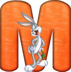 the letter m has an image of a rabbit holding a carrot in it's paws