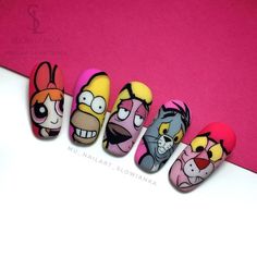 Cartoon Nails Disney, Cartoon Art Nails, Cartoon Nails Acrylic, Doughnut Nails, Nail Cartoon Art, Cartoons Nails, Nail Art Cartoon, Easter Nails Designs, Nail Cartoon