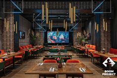 an empty restaurant with orange and green chairs, wooden tables and large screen on the wall