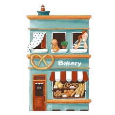 a watercolor painting of a bakery with bread and pretzels