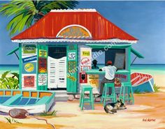 a painting of a man ordering food from a kiosk on the beach with his dog