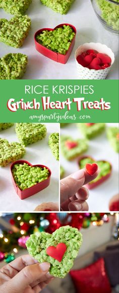 rice krispies with green heart treats in the middle and red hearts on the side