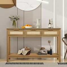 a wooden table with baskets on it in front of a mirror