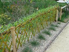 a fence made out of wood sticks and grass next to a sidewalk with a surfboard on it