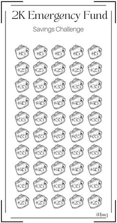 Start your 2K challenge for your emergency fund! Save the dollar amount with each icon, cash stuff and color in to track your progress. Once completed you will have saved $2000! Yay!! If needed, this challenge can be modified to fit your budget. Do this challenge at your own pace. If you're unable to save the whole amount save what you can. Whatever you're able to save will be just as great!  Printing Information: *Digital Download *This is printed on 8.5 x 11 US letter size paper  *Once printed Money Saving Challenge Low Income, Savings Challenge Low Income, Saving Money Challenge, Money Saving Challenges