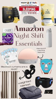 Amazon finds: night shift essentials. Sleeping eye mask, hatch alarm clock, gel eye pads, sound machine, Olly sleep supplement,  round ear plugs, blackout curtains, weighted blanket, caffeine gum Nurse Work Bag, Cna Jobs, Nurse Aesthetic, Night Nurse