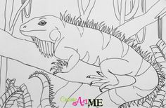 a drawing of an iguana sitting on a tree branch in the jungle, with its mouth open