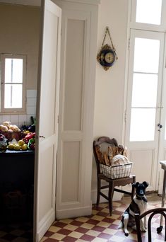 a dog sitting on the floor in front of a door