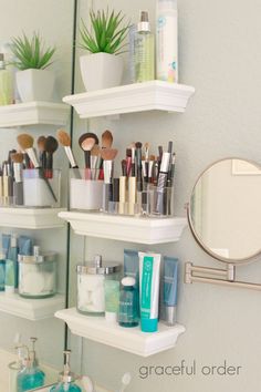 a bathroom with shelves filled with cosmetics and personal care items