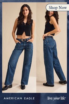 Mid-weight structured denim with just enough stretch for everyday comfort/Holds its shape & won't bag out. Ever./Dark wash/Utility details Aerie Bras, Jumpsuit Skirt, Graphic Tops, Cargo Jeans, Swim Accessories, Dark Wash Jeans, Wash Jeans, Night Outfits, Denim Shop