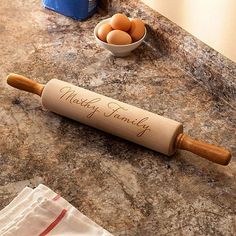 This personalized gourmet rolling pin makes a unique gift for anyone who loves to cook or spend time in the kitchen! Add some zest to the kitchen and make cooking even more fun with a customized rolling pin! A rolling pin is a kitchen basic that every cook needs. This customized gourmet rolling pin is made with waxed hardwood barrels and features a full-length steel axle that runs through self-lubricating nylon bearings guaranteeing a lifetime of smooth rolling. Make this rolling pin truly one-o Rolling Pin Hooks, Transfers On Rolling Pins, Rolling Pin Display Hangers, Decoupaged Rolling Pins, Hobby Lobby Rolling Pin, Wooden Rolling Pin Display, Rolling Pin Recipe Holder, Old Rolling Pins Display, Personalized Cookie Jar