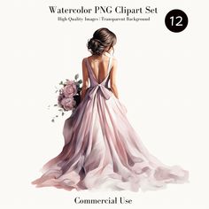 the watercolor png clipart set includes an elegant gown and flower bouquets