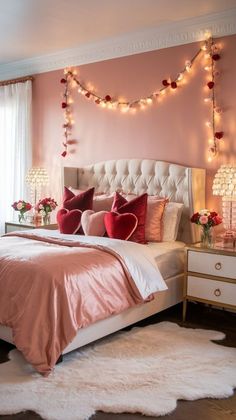 a bedroom decorated in pink and white with lights on the headboard, bedding, and rugs